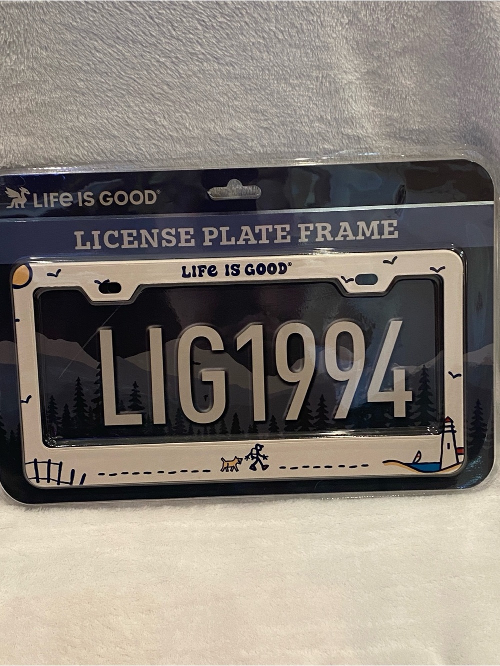 Life is Good Beach Walk Lighthouse White Stainless Steel License Plate Frame NWT